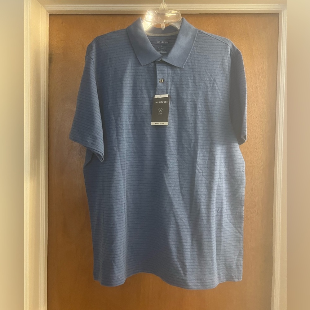 Van Heusen Men’s Blue Knit Stripe Short Sleeve Regular Fit Polo Shirt